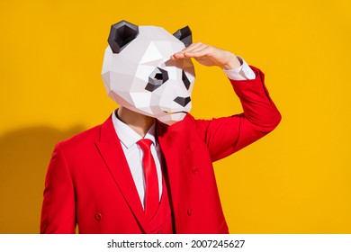 Photo of interested funky guy look empty space wear panda mask red tux isolated on yellow color background