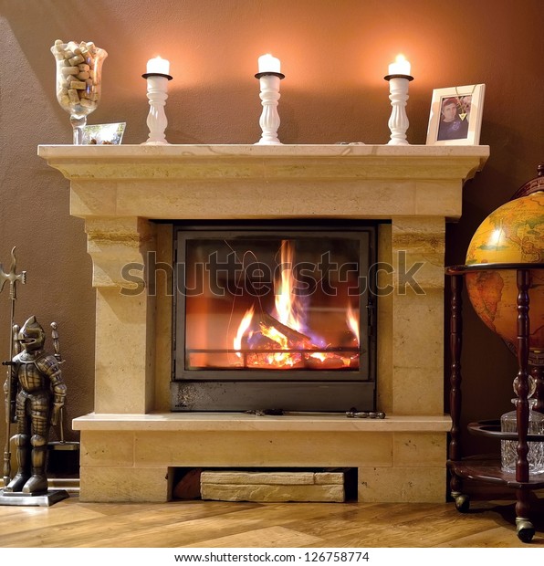 Photo Interior Home Burning Fireplace Candles Stock Photo Edit