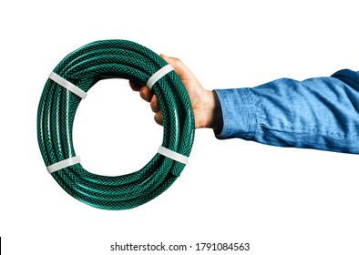 Photo Of Isolated Male Hand In Shirt Holding Water Green Garden Hose.