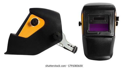 Photo of isolated worker welding helmet front and side view on white background.