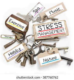 Photo of key bunch and paper tags with STRESS MANAGEMENT conceptual words