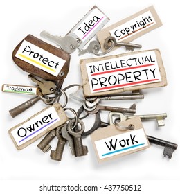 Photo of key bunch and paper tags with INTELLECTUAL PROPERTY conceptual words