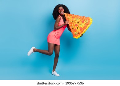 Photo Of Lady Open Mouth Hold Big Pizza Pinata Look Empty Space Wear Short Dress Shoes Isolated Blue Color Background