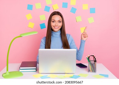 Photo of lady promoter sit desk point hand empty space sticky notes remind deadline netbook isolated on pastel color background - Powered by Shutterstock