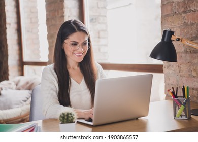 Photo of lady worker sit desk typing netbook shiny toothy smile wear eyewear white pullover in living room home indoors