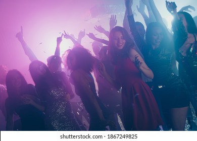 Photo Of Large Company Many Fancy Chic Girl Red Dress Neon Bright Pink Spotlight Modern Club Indoors