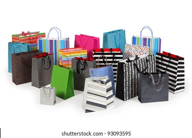 Photo Of A Large Group Of Colourful Shopping Bags. Clipping Path Included. Shadows Visible.