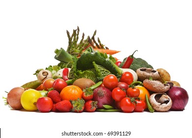 Photo Of A Large Group Of Fruit And Vegetables Isolated On A White Background.