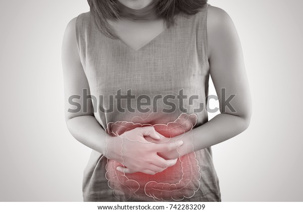The photo of large\
intestine is on the woman\'s body, isolate on white background,\
Female anatomy concept