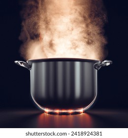 Photo of a large pot of steaming hot boiling water, cooking on top of a flame, black background with pink and orange glow, 