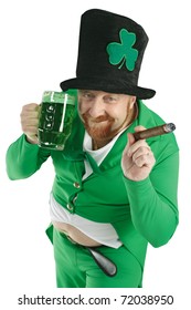 A photo of a Leprechaun drinking green beer on St. Patricks Day.