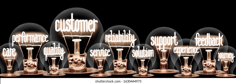 Photo Of Light Bulbs Group With Shining Fibers In A Shape Of Customer, Support, Feedback And Reliability Concept Related Words Isolated On Black Background