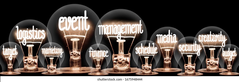Photo of light bulbs group with shining fibers in a shape of Event Management, Logistics, Target, Creativity and Media concept related words isolated on black background - Shutterstock ID 1675948444