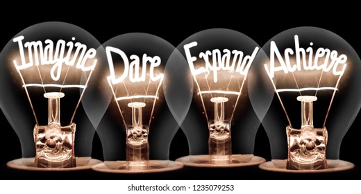 Photo of light bulbs with shining fibres in IMAGINE, DARE, EXPAND and ACHIEVE shape on black background; concept of IDEA - Shutterstock ID 1235079253