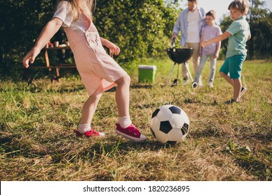 Photo of little girl football player kick ball invite brother play he want help dad daddy cook roast grill meat for outdoors table summer relax weekend lunch - Powered by Shutterstock