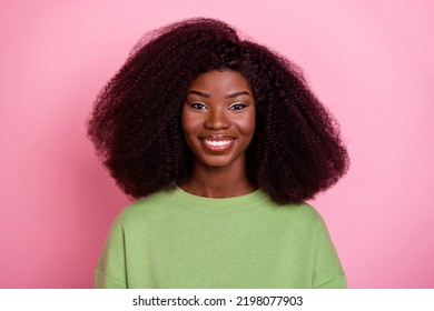 Photo Of Lovely Big Hairdo Brunette Lady Wear Green Sweatshirt Isolated On Pink Color Background