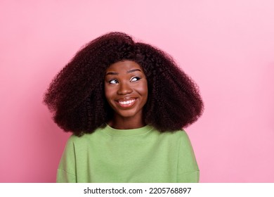 Photo Of Lovely Big Hairdo Brunette Lady Look Empty Space Wear Green Pullover Isolated On Pink Color Background