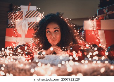 Photo of lovely cheerful girl dreamy look empty space dressed ornament garment cozy christmas party decor spacious house indoors room - Powered by Shutterstock