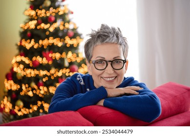 Photo of lovely cute senior woman wear blue sweater sit divan xmas weekend time indoors new year decorated room interior - Powered by Shutterstock