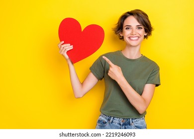 Photo Of Lovely Toothy Beaming Woman Bob Hairdo Dressed Khaki T-shirt Directing At Big Paper Red Like Isolated On Yellow Color Background