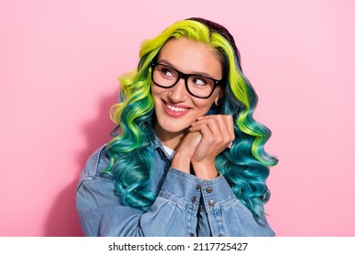 Photo lovely young turquoise hairstyle lady hold arms look promo wear spectacles jeans shirt isolated pink color background