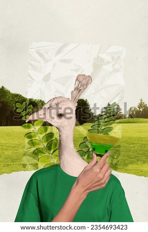 Photo magazine collage of weird strange person peacock head hand hold glass tasty alco dring celebrate theme occasion summer party