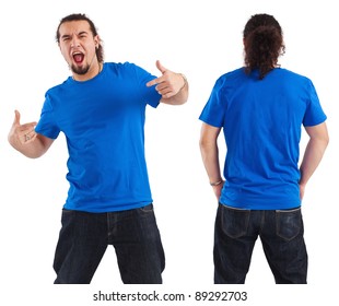 Photo of a male in his early thirties pointing at his blank blue shirt.  Front and back views ready for your artwork or designs.