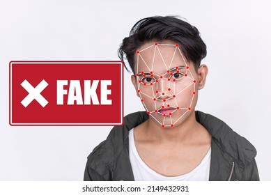 Photo Of A Male Person Identified As A Fake. Facial Recognition And Deepfake Detection Software Concept.