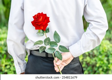 Photo Of Man Holding A Red Rose Behind His Back  For His Woman