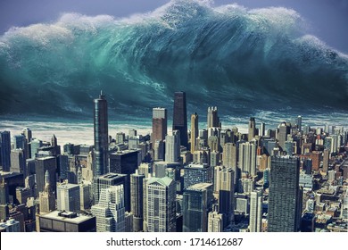 Photo manipulation about a tsunami going to hit a big city