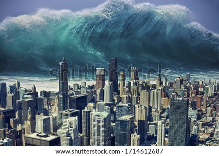 Photo manipulation about a tsunami going to hit a big city