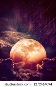 Photo Manipulation. Beautiful Colorful Skyscape With Many Stars And Meteor Shower. Landscape Of Sky With Blood Moon Behind Partial Cloudy. Serenity Nature Background. The Moon Taken With My Camera.