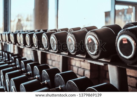 Photo of many different dumbbells in modern sunny gym.