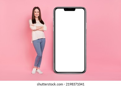 Photo Of Marketer Lady Presenting Offer Large Big Telephone Touchscreen Panel New Design Device Isolated Pink Color Background