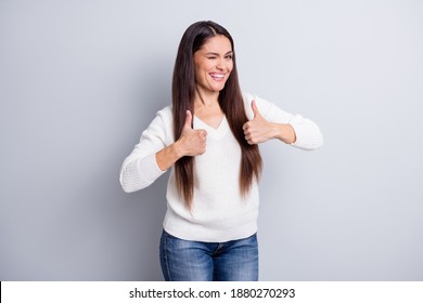 Photo Of Mature Attractive Lovely Happy Positive Smiling Woman Show Thumb-up Wink Eye Isolated On Grey Color Background