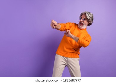 Photo Of Mature Man Happy Positive Smile Carefree Have Fun Dance Party Isolated Over Violet Color Background