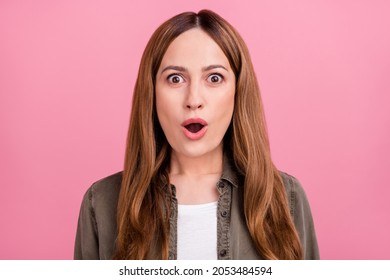 Photo Of Mature Woman Good Mood Shock Gossip News Omg Wow Reaction Isolated Over Pink Color Background