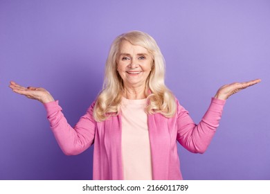 Photo Of Mature Woman Promoter Hold Hands Solution Scales Vs Decision Promotion Isolated Over Purple Color Background