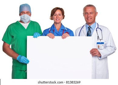 Photo of a medical team holding a blank poster for you to add your own message, isolated against a white background. - Powered by Shutterstock