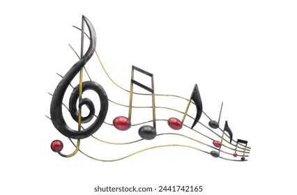 Photo of metal musical sixteenth, eighth, quarter notes with treble clef in wave or wavy motion flowing sounds made with Brass aluminum with black and red colors.  Isolated on white background