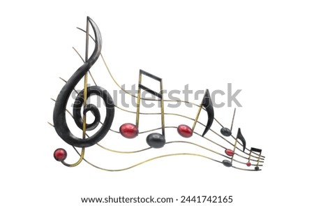 Photo of metal musical sixteenth, eighth, quarter notes with treble clef in wave or wavy motion flowing sounds made with Brass aluminum with black and red colors.  Isolated on white background