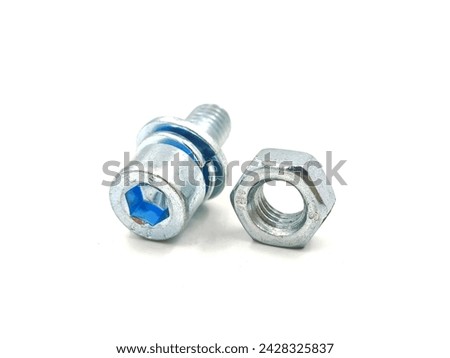 Photo of a metallic hexagonal bolt and a nut, isolated on white background.