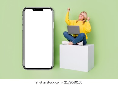 Photo of modern aged lady sit cube use netbook fist up electronic eshop device poster isolated green color background