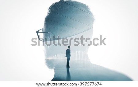 Photo of modern bearded banker wearing glass isolated white. Double exposure stylish adult businessman trendy suit and looking diagram background. Horizontal