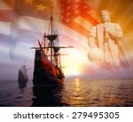 Photo montage: Christopher Columbus, American flag, sailing ships