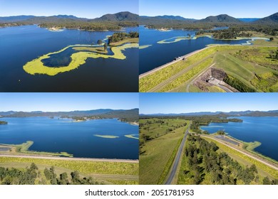 Photo montage of four spectacular images of water catchment area and wall of Teemburra Dam, Mackay, Queensland, Australia