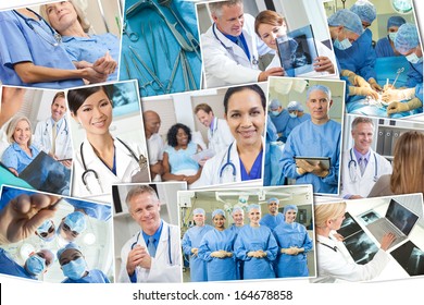 A photo montage of interracial medical people, men and women, doctors and nurses team in hospital, surgery operation, helping examining patients & analyzing x-rays. - Powered by Shutterstock