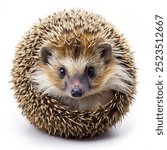 photo montage. A small hedgehog curled into a ball, spines facing outward on a white background