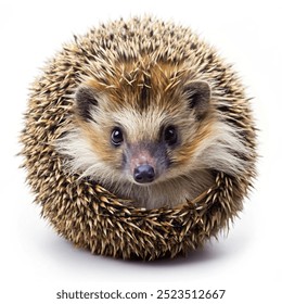 photo montage. A small hedgehog curled into a ball, spines facing outward on a white background