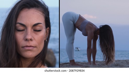 Photo Montage Split Screen Of Woman Meditating And Practicing Yoga.Mindfulness Concept